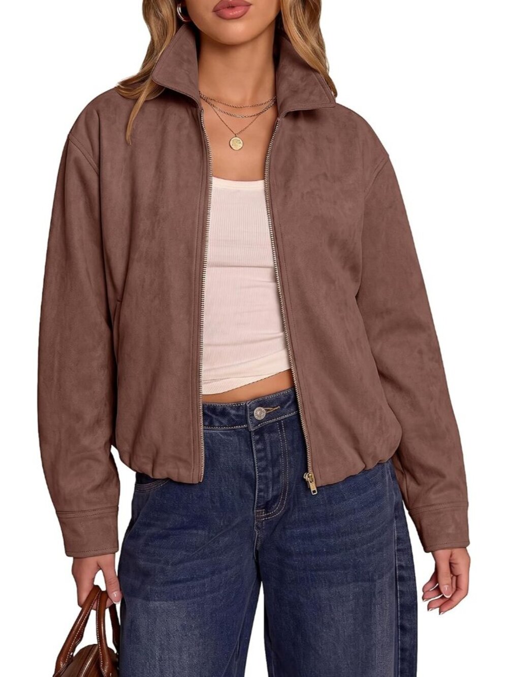 Women Brown Faux Suede Oversized Zip Up Slash Pocket Drop Shoulder Bomber Jacket